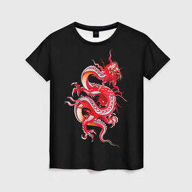 Женская футболка 3D с принтом Дракон в Курске, 100% полиэфир ( синтетическое хлопкоподобное полотно) | прямой крой, круглый вырез горловины, длина до линии бедер | арт | дракон | дракоша | животные | картинка | китайский дракон | красный дракон | рисунок | японский дракон | ящер