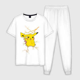 Мужская пижама хлопок с принтом Pikachu в Курске, 100% хлопок | брюки и футболка прямого кроя, без карманов, на брюках мягкая резинка на поясе и по низу штанин
 | anime | pikachu | pokemon | pokemon logo | аниме | анимэ | пика | пикачу | покемон | покемон постер | эш и пикачу | эш кетчум | япония | японский