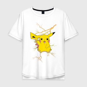 Мужская футболка хлопок Oversize с принтом Pikachu в Курске, 100% хлопок | свободный крой, круглый ворот, “спинка” длиннее передней части | anime | pikachu | pokemon | pokemon logo | аниме | анимэ | пика | пикачу | покемон | покемон постер | эш и пикачу | эш кетчум | япония | японский