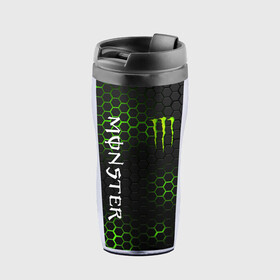 Термокружка-непроливайка с принтом MONSTER ENERGY  в Курске, внутренняя часть — пищевой пластик, наружная часть — прозрачный пластик, между ними — полиграфическая вставка с рисунком | объем — 350 мл, герметичная крышка | black monster | bmx | claw | cybersport | energy | monster | monster energy | moto | motocross | race | sport | киберспорт | когти | монстер энерджи | монстр | мото | мотокросс | ралли | скейтбординг | спорт | т | энергия