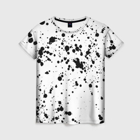 Женская футболка 3D с принтом Далматинец - брызги чёрными пятнами в Курске, 100% полиэфир ( синтетическое хлопкоподобное полотно) | прямой крой, круглый вырез горловины, длина до линии бедер | брызги краски | далматинец | краска | пятно | с брызгами | черные пятна