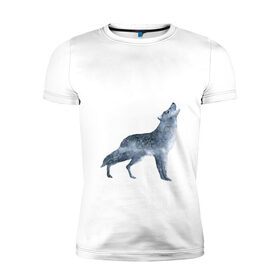 Мужская футболка хлопок Slim с принтом Зимний волк в Курске, 92% хлопок, 8% лайкра | приталенный силуэт, круглый вырез ворота, длина до линии бедра, короткий рукав | Тематика изображения на принте: арт | белый | вой | волк | животные | зима | картинка | краски | ночь | рисунок | синий | снег | темный | черный