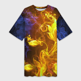 Платье-футболка 3D с принтом Огненный цветок в Курске,  |  | fire | flame | luxe | абстракция | дым | золото | золотой | красивая | огонь | пламя | пламя космос | психоделика | разводы красок | синий | фракталы | цветок