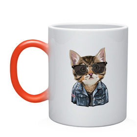 Кружка хамелеон с принтом Кот в очках в Курске, керамика | меняет цвет при нагревании, емкость 330 мл | cat | в очках | кот | кот рокер | котик | котяра | кошка | крутой кот | милый | милый кот | рокер