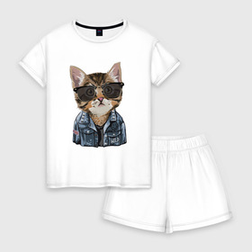 Женская пижама с шортиками хлопок с принтом Кот в очках в Курске, 100% хлопок | футболка прямого кроя, шорты свободные с широкой мягкой резинкой | cat | в очках | кот | кот рокер | котик | котяра | кошка | крутой кот | милый | милый кот | рокер