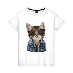 Женская футболка хлопок с принтом Кот в очках в Курске, 100% хлопок | прямой крой, круглый вырез горловины, длина до линии бедер, слегка спущенное плечо | cat | в очках | кот | кот рокер | котик | котяра | кошка | крутой кот | милый | милый кот | рокер