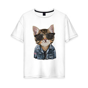 Женская футболка хлопок Oversize с принтом Кот в очках в Курске, 100% хлопок | свободный крой, круглый ворот, спущенный рукав, длина до линии бедер
 | cat | в очках | кот | кот рокер | котик | котяра | кошка | крутой кот | милый | милый кот | рокер