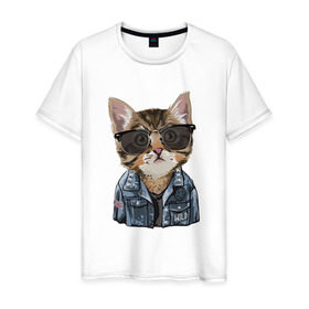 Мужская футболка хлопок с принтом Кот в очках в Курске, 100% хлопок | прямой крой, круглый вырез горловины, длина до линии бедер, слегка спущенное плечо. | cat | в очках | кот | кот рокер | котик | котяра | кошка | крутой кот | милый | милый кот | рокер