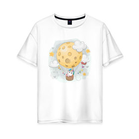 Женская футболка хлопок Oversize с принтом Единорог в космосе в Курске, 100% хлопок | свободный крой, круглый ворот, спущенный рукав, длина до линии бедер
 | nasa | воздушный шар | единорог | звезды | космос | луна | милый | милый единорог