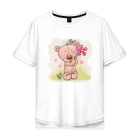 Мужская футболка хлопок Oversize с принтом Милый мишка с цветочком в Курске, 100% хлопок | свободный крой, круглый ворот, “спинка” длиннее передней части | арт | воробушек | воробьи | животные | картинка | медведь | медвежонок | мишка | плюшевый мишка | подарок | птичка | рисунок | цветок | цветочки