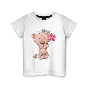 Детская футболка хлопок с принтом Милый мишка с цветочком в Курске, 100% хлопок | круглый вырез горловины, полуприлегающий силуэт, длина до линии бедер | арт | воробушек | воробьи | животные | картинка | медведь | медвежонок | мишка | плюшевый мишка | подарок | птичка | рисунок | цветок | цветочки