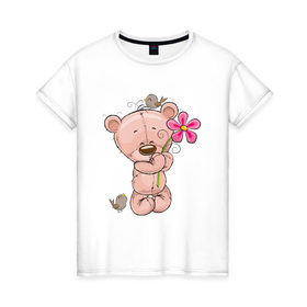 Женская футболка хлопок с принтом Милый мишка с цветочком в Курске, 100% хлопок | прямой крой, круглый вырез горловины, длина до линии бедер, слегка спущенное плечо | арт | воробушек | воробьи | животные | картинка | медведь | медвежонок | мишка | плюшевый мишка | подарок | птичка | рисунок | цветок | цветочки