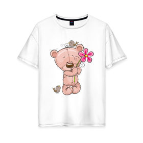 Женская футболка хлопок Oversize с принтом Милый мишка с цветочком в Курске, 100% хлопок | свободный крой, круглый ворот, спущенный рукав, длина до линии бедер
 | арт | воробушек | воробьи | животные | картинка | медведь | медвежонок | мишка | плюшевый мишка | подарок | птичка | рисунок | цветок | цветочки