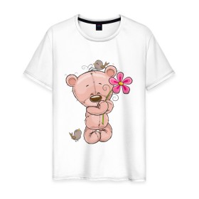 Мужская футболка хлопок с принтом Милый мишка с цветочком в Курске, 100% хлопок | прямой крой, круглый вырез горловины, длина до линии бедер, слегка спущенное плечо. | арт | воробушек | воробьи | животные | картинка | медведь | медвежонок | мишка | плюшевый мишка | подарок | птичка | рисунок | цветок | цветочки