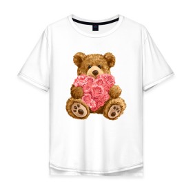 Мужская футболка хлопок Oversize с принтом Плюшевый медведь с сердечком в Курске, 100% хлопок | свободный крой, круглый ворот, “спинка” длиннее передней части | арт | животные | картинка | медвежонок | мишка | плюшевый медведь | рисунок | розовые цветы | розочки | розы | сердечко | сердце | сердце из роз | цветы