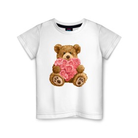 Детская футболка хлопок с принтом Плюшевый медведь с сердечком в Курске, 100% хлопок | круглый вырез горловины, полуприлегающий силуэт, длина до линии бедер | арт | животные | картинка | медвежонок | мишка | плюшевый медведь | рисунок | розовые цветы | розочки | розы | сердечко | сердце | сердце из роз | цветы