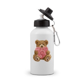 Бутылка спортивная с принтом Плюшевый медведь с сердечком в Курске, металл | емкость — 500 мл, в комплекте две пластиковые крышки и карабин для крепления | арт | животные | картинка | медвежонок | мишка | плюшевый медведь | рисунок | розовые цветы | розочки | розы | сердечко | сердце | сердце из роз | цветы
