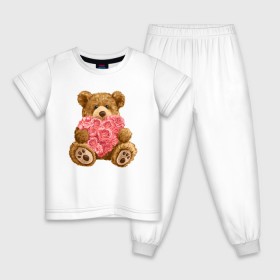 Детская пижама хлопок с принтом Плюшевый медведь с сердечком в Курске, 100% хлопок |  брюки и футболка прямого кроя, без карманов, на брюках мягкая резинка на поясе и по низу штанин
 | арт | животные | картинка | медвежонок | мишка | плюшевый медведь | рисунок | розовые цветы | розочки | розы | сердечко | сердце | сердце из роз | цветы