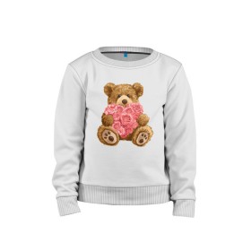 Детский свитшот хлопок с принтом Плюшевый медведь с сердечком в Курске, 100% хлопок | круглый вырез горловины, эластичные манжеты, пояс и воротник | арт | животные | картинка | медвежонок | мишка | плюшевый медведь | рисунок | розовые цветы | розочки | розы | сердечко | сердце | сердце из роз | цветы