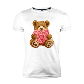 Мужская футболка премиум с принтом Плюшевый медведь с сердечком в Курске, 92% хлопок, 8% лайкра | приталенный силуэт, круглый вырез ворота, длина до линии бедра, короткий рукав | Тематика изображения на принте: арт | животные | картинка | медвежонок | мишка | плюшевый медведь | рисунок | розовые цветы | розочки | розы | сердечко | сердце | сердце из роз | цветы
