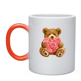 Кружка хамелеон с принтом Плюшевый медведь с сердечком в Курске, керамика | меняет цвет при нагревании, емкость 330 мл | арт | животные | картинка | медвежонок | мишка | плюшевый медведь | рисунок | розовые цветы | розочки | розы | сердечко | сердце | сердце из роз | цветы