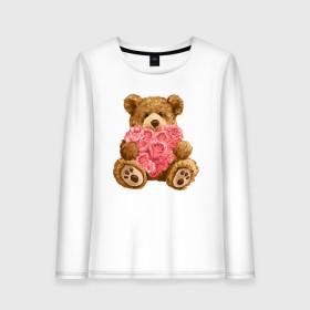 Женский лонгслив хлопок с принтом Плюшевый медведь с сердечком в Курске, 100% хлопок |  | арт | животные | картинка | медвежонок | мишка | плюшевый медведь | рисунок | розовые цветы | розочки | розы | сердечко | сердце | сердце из роз | цветы