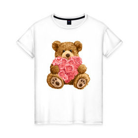 Женская футболка хлопок с принтом Плюшевый медведь с сердечком в Курске, 100% хлопок | прямой крой, круглый вырез горловины, длина до линии бедер, слегка спущенное плечо | арт | животные | картинка | медвежонок | мишка | плюшевый медведь | рисунок | розовые цветы | розочки | розы | сердечко | сердце | сердце из роз | цветы