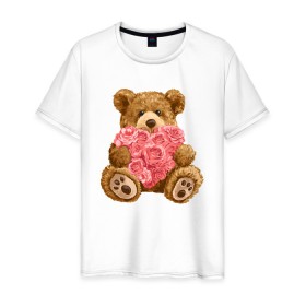 Мужская футболка хлопок с принтом Плюшевый медведь с сердечком в Курске, 100% хлопок | прямой крой, круглый вырез горловины, длина до линии бедер, слегка спущенное плечо. | Тематика изображения на принте: арт | животные | картинка | медвежонок | мишка | плюшевый медведь | рисунок | розовые цветы | розочки | розы | сердечко | сердце | сердце из роз | цветы