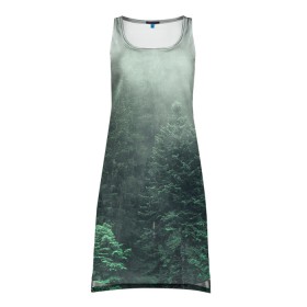 Платье-майка 3D с принтом Туманный лес в Курске, 100% полиэстер | полуприлегающий силуэт, широкие бретели, круглый вырез горловины, удлиненный подол сзади. | дерево | деревья | зеленый | лес | облака | облако | снег | темный