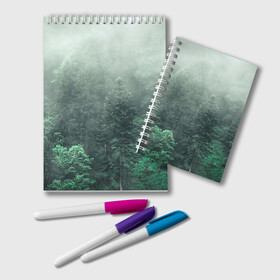 Блокнот с принтом Туманный лес в Курске, 100% бумага | 48 листов, плотность листов — 60 г/м2, плотность картонной обложки — 250 г/м2. Листы скреплены удобной пружинной спиралью. Цвет линий — светло-серый
 | Тематика изображения на принте: дерево | деревья | зеленый | лес | облака | облако | снег | темный