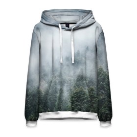 Мужская толстовка 3D с принтом Туманный лес в Курске, 100% полиэстер | двухслойный капюшон со шнурком для регулировки, мягкие манжеты на рукавах и по низу толстовки, спереди карман-кенгуру с мягким внутренним слоем. | Тематика изображения на принте: белый | зеленый | лес | облака | облако | природа | темный | туман