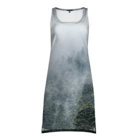 Платье-майка 3D с принтом Туманный лес в Курске, 100% полиэстер | полуприлегающий силуэт, широкие бретели, круглый вырез горловины, удлиненный подол сзади. | белый | зеленый | лес | облака | облако | природа | темный | туман