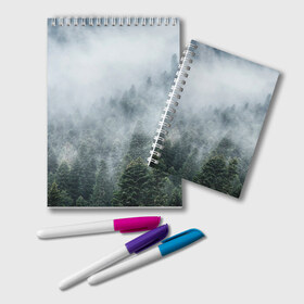 Блокнот с принтом Туманный лес в Курске, 100% бумага | 48 листов, плотность листов — 60 г/м2, плотность картонной обложки — 250 г/м2. Листы скреплены удобной пружинной спиралью. Цвет линий — светло-серый
 | Тематика изображения на принте: белый | зеленый | лес | облака | облако | природа | темный | туман