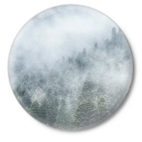 Значок с принтом Туманный лес в Курске,  металл | круглая форма, металлическая застежка в виде булавки | белый | зеленый | лес | облака | облако | природа | темный | туман