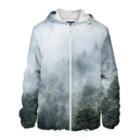 Мужская куртка 3D с принтом Туманный лес в Курске, ткань верха — 100% полиэстер, подклад — флис | прямой крой, подол и капюшон оформлены резинкой с фиксаторами, два кармана без застежек по бокам, один большой потайной карман на груди. Карман на груди застегивается на липучку | белый | зеленый | лес | облака | облако | природа | темный | туман