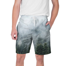 Мужские шорты 3D с принтом Туманный лес в Курске,  полиэстер 100% | прямой крой, два кармана без застежек по бокам. Мягкая трикотажная резинка на поясе, внутри которой широкие завязки. Длина чуть выше колен | белый | зеленый | лес | облака | облако | природа | темный | туман