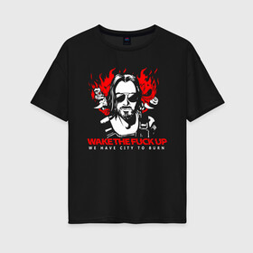Женская футболка хлопок Oversize с принтом CYBERPUNK 2077 KEANU REEVES в Курске, 100% хлопок | свободный крой, круглый ворот, спущенный рукав, длина до линии бедер
 | cd project red | cyberpunk 2077 | demon | keanu reeves | samurai | smile | демон | киану ривз | киберпанк 2077 | самураи | смайл