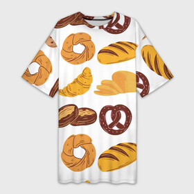 Платье-футболка 3D с принтом Булки в Курске,  |  | doodling | textures | tiles | булка | вкусно | выпечка | дудлинг | круассан | тайлы | текстуры | фон | хлеб