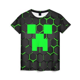 Женская футболка 3D с принтом MINECRAFT CREEPER в Курске, 100% полиэфир ( синтетическое хлопкоподобное полотно) | прямой крой, круглый вырез горловины, длина до линии бедер | block | creeper | cube | minecraft | pixel | блок | геометрия | крафт | крипер | кубики | майнкрафт | пиксели