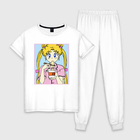 Женская пижама хлопок с принтом Sailor Moon Usagi Tsukino в Курске, 100% хлопок | брюки и футболка прямого кроя, без карманов, на брюках мягкая резинка на поясе и по низу штанин | anime | kawaii | manga | sailor moon | sailor senshi | usagi tsukino | аниме | воин в матроске | манга | сейлор мун | усаги цукино