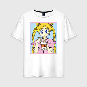 Женская футболка хлопок Oversize с принтом Sailor Moon Usagi Tsukino в Курске, 100% хлопок | свободный крой, круглый ворот, спущенный рукав, длина до линии бедер
 | Тематика изображения на принте: anime | kawaii | manga | sailor moon | sailor senshi | usagi tsukino | аниме | воин в матроске | манга | сейлор мун | усаги цукино