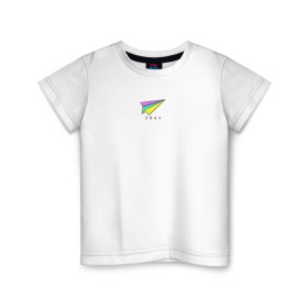 Детская футболка хлопок с принтом Бумажный самолетик в Курске, 100% хлопок | круглый вырез горловины, полуприлегающий силуэт, длина до линии бедер | бумажный самолёт | иероглифы | надпись на японском | оригами | радуга | самолётик | цветной