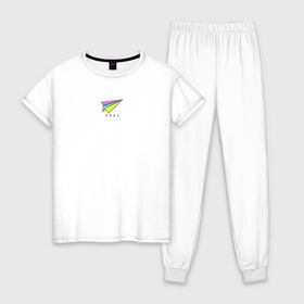 Женская пижама хлопок с принтом Бумажный самолетик в Курске, 100% хлопок | брюки и футболка прямого кроя, без карманов, на брюках мягкая резинка на поясе и по низу штанин | бумажный самолёт | иероглифы | надпись на японском | оригами | радуга | самолётик | цветной