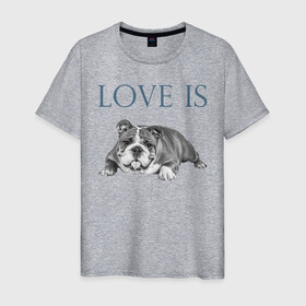Мужская футболка хлопок с принтом Любовь - это бульдог в Курске, 100% хлопок | прямой крой, круглый вырез горловины, длина до линии бедер, слегка спущенное плечо. | Тематика изображения на принте: английский бульдог | бульдог | дрессировка | забота | любовь | собака | собаки | собачка | собачник | увлечение | хобби