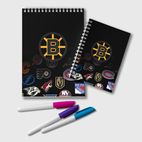 Блокнот с принтом NHL Boston Bruins (Z) в Курске, 100% бумага | 48 листов, плотность листов — 60 г/м2, плотность картонной обложки — 250 г/м2. Листы скреплены удобной пружинной спиралью. Цвет линий — светло-серый
 | Тематика изображения на принте: anaheim ducks | arizona coyotes | boston bruins | buffalo sabres | calgary flames | canadiens de montreal | carolina hurricanes | chicago blackhawks | colorado | hockey | nhl | нхл | паттерн | спорт | хоккей