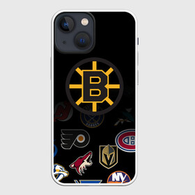 Чехол для iPhone 13 mini с принтом NHL Boston Bruins (Z) в Курске,  |  | Тематика изображения на принте: anaheim ducks | arizona coyotes | boston bruins | buffalo sabres | calgary flames | canadiens de montreal | carolina hurricanes | chicago blackhawks | colorado | hockey | nhl | нхл | паттерн | спорт | хоккей