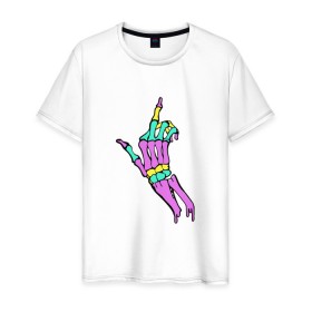Мужская футболка хлопок с принтом Костяной фак в Курске, 100% хлопок | прямой крой, круглый вырез горловины, длина до линии бедер, слегка спущенное плечо. | Тематика изображения на принте: жест | кости | радуга | скелет | цветной | череп