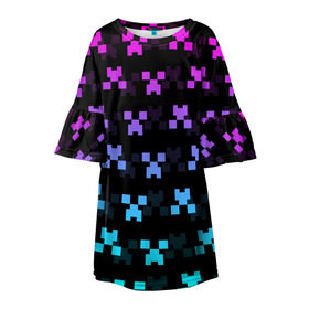 Детское платье 3D с принтом MINECRAFT CREEPER NEON в Курске, 100% полиэстер | прямой силуэт, чуть расширенный к низу. Круглая горловина, на рукавах — воланы | block | creeper | cube | minecraft | neon | pixel | блок | геометрия | крафт | крипер | кубики | майнкрафт | неон | пиксели