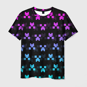 Мужская футболка 3D с принтом MINECRAFT CREEPER NEON в Курске, 100% полиэфир | прямой крой, круглый вырез горловины, длина до линии бедер | Тематика изображения на принте: block | creeper | cube | minecraft | neon | pixel | блок | геометрия | крафт | крипер | кубики | майнкрафт | неон | пиксели