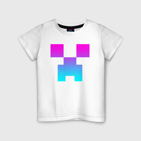 Детская футболка хлопок с принтом MINECRAFT CREEPER NEON в Курске, 100% хлопок | круглый вырез горловины, полуприлегающий силуэт, длина до линии бедер | block | creeper | cube | minecraft | pixel | блок | геометрия | крафт | крипер | кубики | майнкрафт | пиксели
